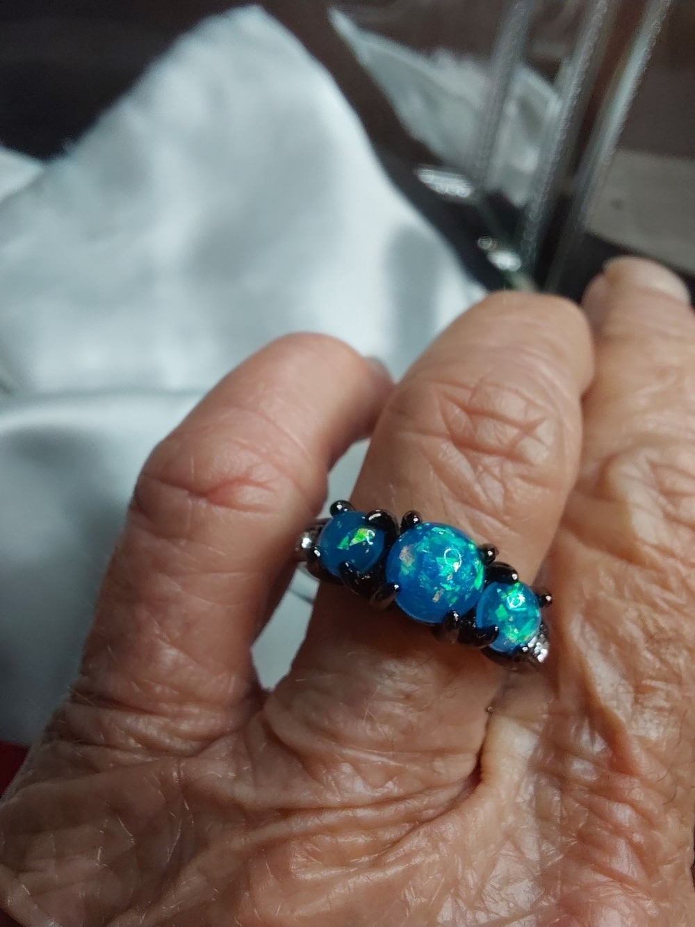 Blue Opal Three-Stone Ring - Women's Fashion Jewelry